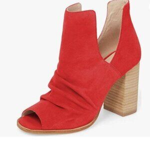 YDN Office Boots Comfort Cutout Cutout High Chunky Heels Peep Toe RED